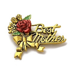 Antique Golden Mother's Day Tibetan Style Enamel Pins, Alloy Brooches for Backpack Clothes, Flower with Word Best Mother, Antique Golden, 38x47x5mm