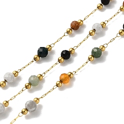 Mixed Stone Ion Plating(IP) Real 18K Gold Plated 316 Stainless Steel Paperclip Chains, with Faceted Round Natural Mixed Gemstone Beaded, with Spool, Soldered, 3mm