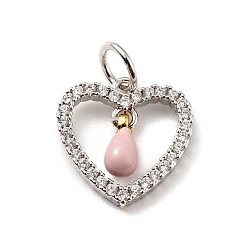 Pink Rack Plating Brass Micro Pave Cubic Zirconia Pendants, with Enamel and Jump Ring, Long-Lasting Plated, Platinum, Heart, Cadmium Free & Nickel Free & Lead Free, Pink, 12.5x12x1.5~3mm, Jump Ring: 5x0.7mm, Hole: 3.4mm
