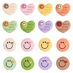 Mixed Color 32Pcs 16 Styles Opaque Cute Resin Cabochons, Heart & Flat Round with Smiling Face, Mixed Color, 2pcs/style