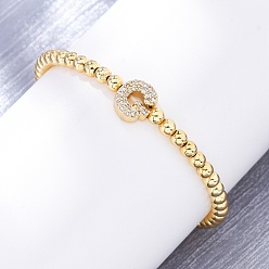 Letter G Латунные круглые бусины эластичные браслеты, Подвеска в виде буквы из латуни с микропаве из прозрачного кубического циркония для женщин, без свинца и без кадмия, стойки покрытие, реальный 18 k позолоченный, Буква G, внутренний диаметр: 2~2-1/8 дюйм (5~5.5 см)