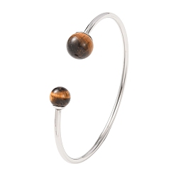 Tiger Eye 304 Stainless Steel & Tiger Eye Bangles, Cuff Bangles for Women, Round, Inner Diameter: 2.40x1.77 inch(6.1x4.5cm)