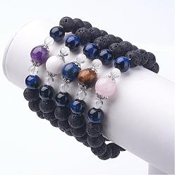 Mixed Stone Natural Lava Rock Stretch Bracelets, with Gemstone, Alloy Findings, 2-1/4 inch(56mm)