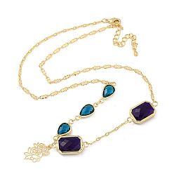 Golden Faceted Rectangle & Teardrop Glass Pendant Necklaces, Brass Chain Neckalces, Golden, 17.01 inch(43.2cm)