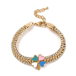 Colorful Ion Plating(IP) Golden 304 Stainless Steel Enamel Clover Link Bracelet, with Cubic Zirconia Chains, Colorful, 6-5/8 inch(16.8cm)