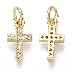 Real 18K Gold Plated Brass Micro Pave Cubic Zirconia Tiny Cross Charms, with Jump Ring, Nickel Free, Clear, Real 18K Gold Plated, 12x7x1.5mm, Hole: 3mm