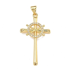 Настоящее золото 18K Латунные микропаве прозрачные подвески с фианитом, амулеты в виде морского креста, без свинца и без кадмия, стойки покрытие, долговечный, реальный 18 k позолоченный, 36x20x3.5 мм, отверстие : 4.5x3.5 мм