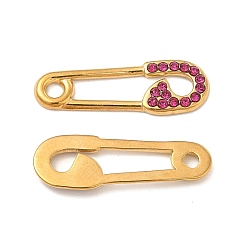 Fuchsia Vacuum Plating 201 Stainless Steel Rhinestone Connector Charms, Safety Pin Links, Real 18K Gold Plated, Fuchsia, 24.5x8x1.5mm, Hole: 2mm and 3mm