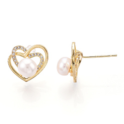 Real 18K Gold Plated Hollow Heart Clear Cubic Zirconia Stud Earrings with Natural Pearl, Brass Earring with 925 Sterling Silver Pins, Real 18K Gold Plated, 13x14.5mm, Pin: 12x0.8mm