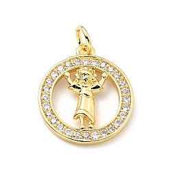 Real 18K Gold Plated Brass Micro Pave Clear Cubic Zirconia Pendants, with Jump Ring, Cadmium Free & Lead Free, Round Ring with Saint, Real 18K Gold Plated, 17x15x2.5mm