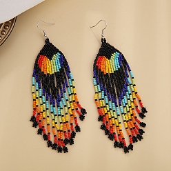 Black Glass Beaded Tassel Dangle Earrings, Pride Rainbow Flag Heart Drop Earrings, Black, 135x35mm