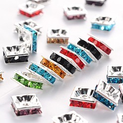 Mixed Color Brass Rhinestone Spacer Beads, Square, Nickel Free, Silver Color Plated, Mixed Color, 8x8x4mm, Hole: 1mm