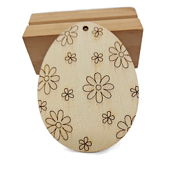 Flower Unfinished Wooden Easter Egg Cutout Pendant Ornaments, with Hemp Rope, for DIY Painting Ornament Easter Home Decoration, Navajo White, Flower Pattern, 7cm, 10pcs/bag