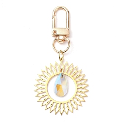 Golden Flower 201 Stainless Steel Pendant Decorations, with Glass Pendants and Alloy Swivel Clasps, Golden, 75mm