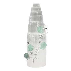 Fluorite Natural Selenite Mountain Figurines, with Fluorite Flower Branch Reiki Energy Stone for Home Feng Shui Ornament, 40~45x150mm