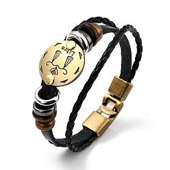 Libra Braided Leather Cord Retro Multi-strand Bracelets, with Wood Beads, Hematite Beads and Alloy Findings, Flat Round,  Antique Bronze, Libra, 8-1/4 inch(21cm)