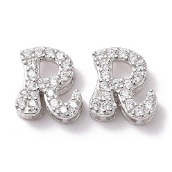 Letter R 925 Sterling Silver Micro Pave Cubic Zirconia Beads, Real Platinum Plated, Letter R, 9x8x3.5mm, Hole: 2.5x1.5mm