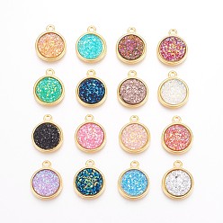 Mixed Color Resin Pendants, with Golden Tone Alloy Findings, Flat Round, Mixed Color, 18x15x3.5~4mm, Hole: 1.8mm