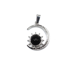Black Stone Natural Black Stone Pendants, Antique Silver Plated Alloy Moon with Sun Charms, 28x22mm
