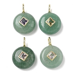 Зеленый Авантюрин Естественный зеленый авантюрин подвески, плоские круглые подвески с латунной микропаве из кубических цирконий случайных цветов, золотые, 22x16x6.5~8 мм, отверстие : 2.5x4 мм
