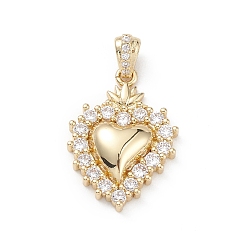 Real 18K Gold Plated Rack Plating Brass Micro Pave Clear Cubic Zirconia Pendants, Sacred Heart Charms, Long-Lasting Plated, Cadmium Free & Lead Free, Real 18K Gold Plated, 20x14x3.5mm, Hole: 2x3mm