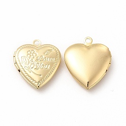 Real 18K Gold Plated Brass Locket Pendants, Photo Frame Charms for Necklaces, Long-Lasting Plated, Heart with Flower & Word Love You Charm, Real 18K Gold Plated, 22.5x19.5x5.5mm, Hole: 1.8mm