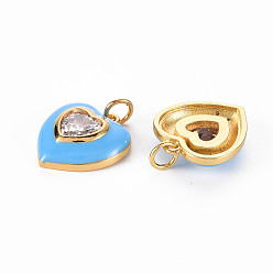Dodger Blue Brass Enamel Pendants, with Clear Cubic Zirconia and Jump Ring, Nickel Free, Real 16K Gold Plated, Heart, Dodger Blue, 17.5x15.5x4.5mm, Hole: 3.5mm