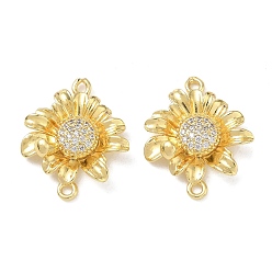 Clear Brass Micro Pave Clear Cubic Zirconia Connector Charms, Sunflower Links, Real 18K Gold Plated, Clear, 21x17x6mm, Hole: 1.4mm