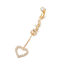 Golden Long Tassel with Heart Crystal Rhinestone Charm Belly Ring, Clip On Navel Ring, Non Piercing Jewelry for Women, Golden, 73mm