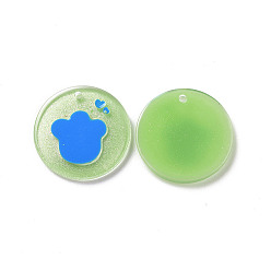 Light Green Acrylic Pendants, with Enamel and Glitter Powder, Flat Round with Paw Print Pattern, Light Green, 19.5x2mm, Hole: 1.5mm