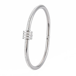Stainless Steel Color Stainless Steel Bangle with Crystal Rhinestone Column Screw Shackle for Women, Stainless Steel Color, Inner Diameter: 1-5/8x2-3/8 inch(4.2x6.1cm)