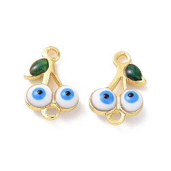 White Brass Enamel Connector Charms, Real 18K Gold Plated, Cherry with Evil Eye Pattern, White, 7.5x11.5x3mm, Hole: 1.2mm