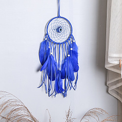 Royal Blue Cotton and linen Woven Net/Web with Feather Wall Hanging Decoration, Glass Evil Eye and Wooden Bead Pendant Decorations, Royal Blue, 400x130mm