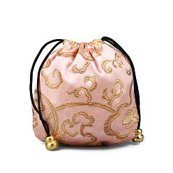 Misty Rose Chinese Style Silk Brocade Jewelry Packing Pouches, Drawstring Gift Bags, Auspicious Cloud Pattern, Misty Rose, 11x11cm