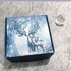 Deer Square Paper Boxes, for Soap Packaging, Elk in Forest, Marine Blue, Deer Pattern, 8.5x8.5x3.5cm