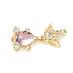 Pink Латунные микропаве прозрачные кубические цирконии подвески-фигурки для рыбок, со стеклом, стойки покрытие, золотые, розовые, 23.5x9.5x4.5 мм, отверстие : 1 мм