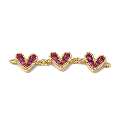 Deep Pink Rack Plating Brass Pave Cubic Zirconia Connector Charms, Triple Heart Links, Lead Free & Cadmium Free, Real 18K Gold Plated, Long-Lasting Plated, Deep Pink, 42~43x8x2.5mm, Hole: 1.2~1.4mm