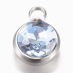 Light Blue Glass Charms, Faceted, with 304 Stainless Steel Findings, Flat Round, Light Blue, 14x10x6.5mm, Hole: 2.5mm