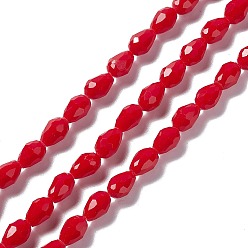 Red Faceted Glass Beads Strands, Teardrop, Red, 12x8~9mm, Hole: 1.2mm, about 57pcs/strand, 23.74''(60.3cm)
