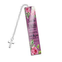 Old Rose Stainless Steel Rectangle with Bible Word Bookmarks with Cross Pendant for Book Lovers, Old Rose, 120x25mm