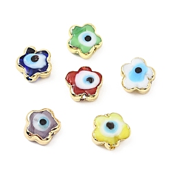 Mixed Color Handmade Evil Eye Lampwork Beads, with Brass Findings, Cadmium Free & Lead Free, Flower, Mixed Color, 12x11.5x5.5mm, Hole: 1.8mm