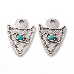 Antique Silver Synthetic Turquoise Half Round Pendants, Arrow Charms, with Rack Plating Alloy Findings, Antique Silver, 30x21x4mm, Hole: 3mm
