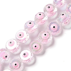 Pink Transparent Evil Eye Glass Beads Strands, with Enamel, Faceted, Flat Round, Pink, 10x8~8.5mm, Hole: 1.4mm, about 40pcs/strand, 14.57''(37cm)