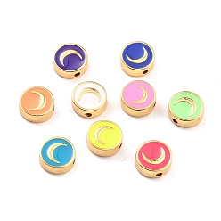 Mixed Color Brass Enamel Beads, Real 18K Gold Plated, Long-Lasting Plated, Cadmium Free & Lead Free, Flat Round with Moon Pattern, Mixed Color, 10x3.5mm, Hole: 1.6mm