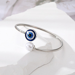 Silver blue powder eye pearl bracelet Turkish Blue Eye Pearl Bracelet with Adjustable Copper Cuff