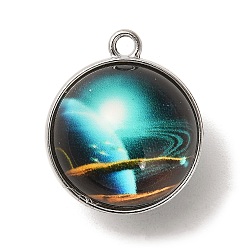 Cyan Galaxy Theme Luminous Glass Ball Pendants, Glow in the Dark, with Platinum Tone Alloy Edge, Cyan, 25x21.5x20~21mm, Hole: 2mm