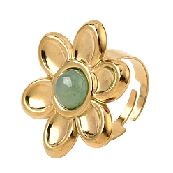 Green Aventurine 304 Stainless Steel Cuff Open Rings for Women, Flower, with Natural Green Aventurine, Ion Plating(IP), Golden, US Size 7(17.3mm)