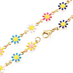 Colorful Enamel Flower Link Chains Necklace, Golden Plated 201 Stainless Steel Jewelry for Women, Colorful, 14.37 inch(36.5cm)