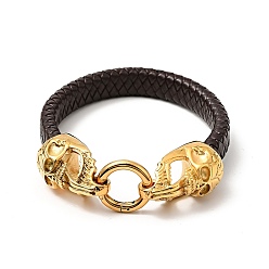 Doré  Bracelet cordon tressé imitation cuir pu, 304 bracelet gothique fermoir tête de mort en acier inoxydable pour hommes femmes, or, 8-3/4 pouce (22.2 cm)