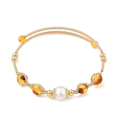 Golden Round Natural Amber Herringbone Wire-Wrapped Cuff Bangles, with Natural Pearl, Golden, Inner Diameter: 1.97 inch(5cm)